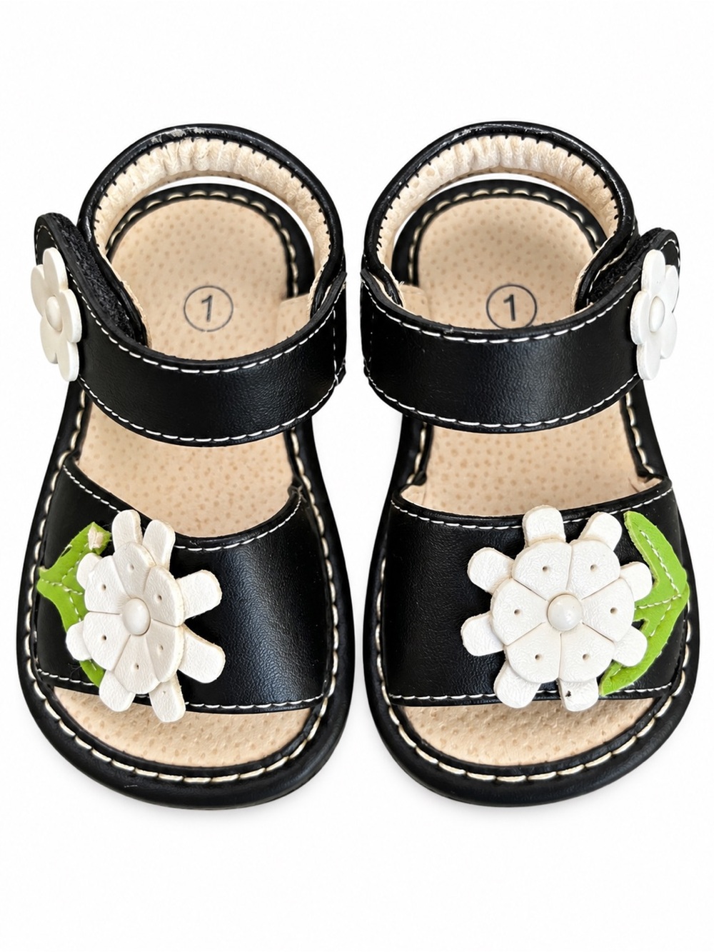 Kids Leather Black Sandals with White Flower Accent